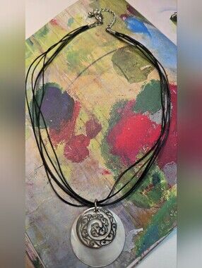 Multi-Strand Black Cord Necklace with Silver Filigree and Mother-of-Pearl Discs
